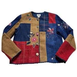 VTG 90s Patchwork Denim Chenille Floral Embroidered Jacket S Cottage Core